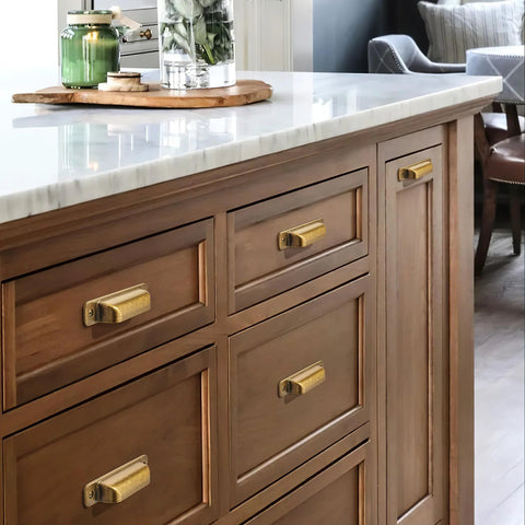 Antique Brass Cabinet Drawer Pulls 10 Pack Zinc Alloy Cup Pulls For Kitchen Cabinets And Dressers Center To Center Three And Three Quarters Inches Overall Length Five Point Twenty Five Inches Width Seven Eighth Inch Easy Installation on wooden kitchen drawers