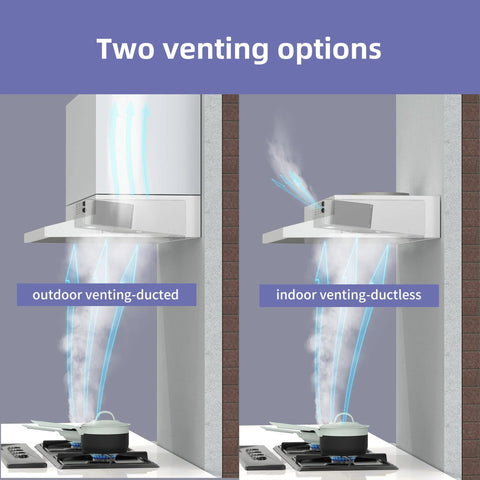 Diagram of FIREGAS 30-inch under-cabinet range hood showing outdoor ducted and indoor ductless venting.