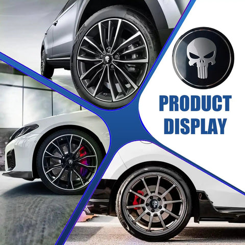 Step Up Your Daily Ride With These Heavy Duty Black Metal Skull Car Wheel Center Caps Rocking A Durable 2.2 Inch Hub Cover on multiple rims.