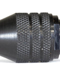 Side view of black keyless rotary tool chuck for 1/32 to 1/8 inch bits, no fuss three jaw clamp, quick bit change, installs in seconds.