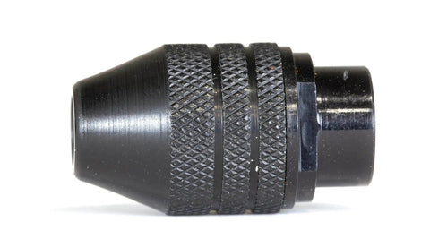 Side view of black keyless rotary tool chuck for 1/32 to 1/8 inch bits, no fuss three jaw clamp, quick bit change, installs in seconds.