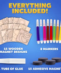 Wooden Magnet Craft Kit For Kids With 15 Nature Themed Magnets And 8 Watercolor Pens includes woodcuts, markers, glue, magnets.