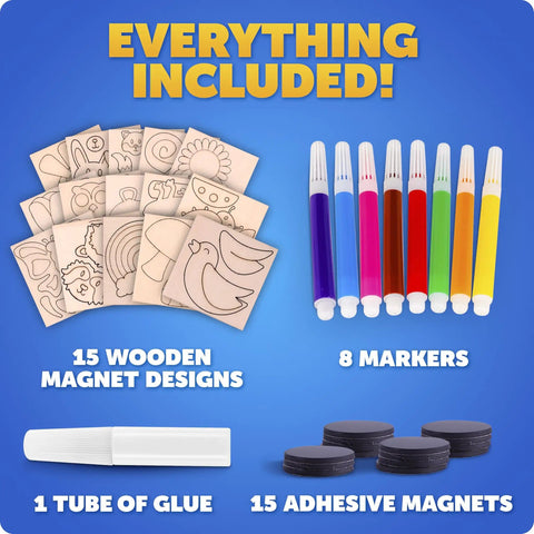 Wooden Magnet Craft Kit For Kids With 15 Nature Themed Magnets And 8 Watercolor Pens includes woodcuts, markers, glue, magnets.