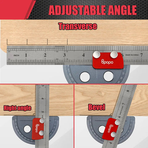 Rock Solid Stainless Steel Angle Protractor With Dead Accurate 0 To 180 Degree Readings For Woodworking Bench Projects Plus Integrated Straight Edge Marking Ruler showing adjustable angles for precise measurements.