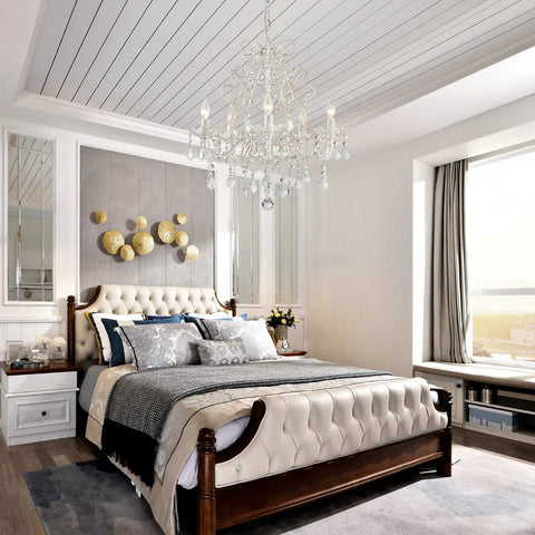 Five Light Crystal Candle Chandelier With Adjustable Chain And E12 Base For Bedroom Hallway Rustic White Ceiling Fixture over bed.