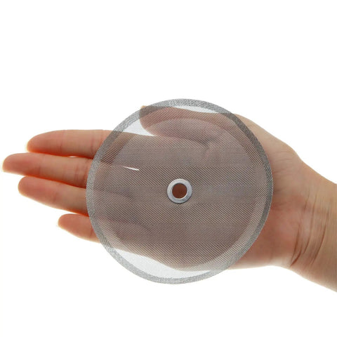 Hand holding Six Pack French Press Replacement Filters 4 Inch Stainless Steel Mesh Screens for 1000 ML 34 Oz Eight Cup Coffee Makers