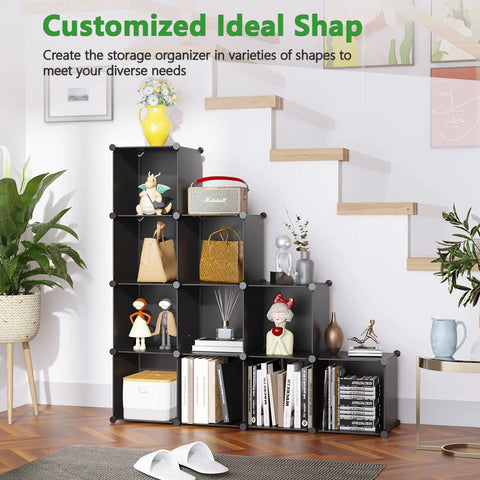 12 Cube Storage Organizer Shelving Unit With DIY Plastic Modular Book Shelf Cubby Cabinet For Bedroom Living Room And Home Office In Black 36.6 Long 12.4 Wide 48.4 High displaying books and decor