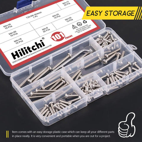 Top Shelf Stainless Steel Button Head Torx Security Screws With T20 Bit, M4 Assortment Kit, 100 Pcs Tamper Proof Fasteners in organized storage box.
