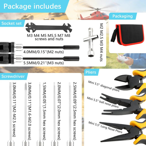 All In One 12 Piece RC Car Repair Tool Kit With Hex Screwdrivers Pliers Wrenches Nut Drivers And Phillips And Flat Screwdrivers For RC Cars Drones Helicopters Planes And Boats Pro Grade Turnbuckle Wrenches And Locknut Sleeve Included in packaging with tools shown.