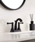 Matte Black 4 Inch Bathroom Sink Faucet With Three Hole Centerset Two Handles Metal Casting Spout Sleek Modern Design