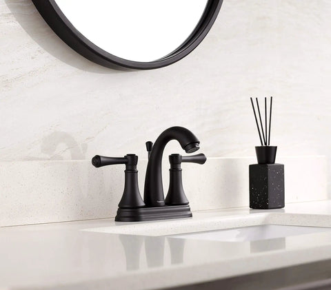 Matte Black 4 Inch Bathroom Sink Faucet With Three Hole Centerset Two Handles Metal Casting Spout Sleek Modern Design