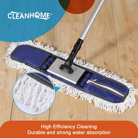 Heavy Duty 24 Inch Commercial Dust Mop with 59 Inch Extendable Handle shown on hardwood floor, wet or dry cleaning