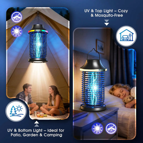 Cordless Outdoor Bug Zapper 2026 Upgraded Elite 4200V Electric Mosquito Zapper in use at campsite and in bedroom