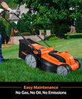 Person using Electric Lawn Mower With 16 Inch Cutting Width 3500 RPM Power 12 Amp Corded Design Eco Friendly No Gas Or Batteries Needed Five Height Settings From One Point Four To Three Inches For Quick Easy Yard Work