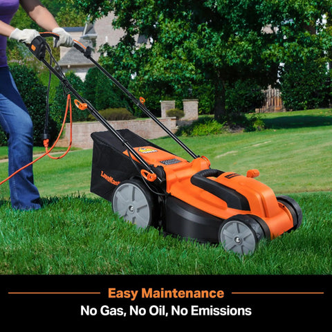 Person using Electric Lawn Mower With 16 Inch Cutting Width 3500 RPM Power 12 Amp Corded Design Eco Friendly No Gas Or Batteries Needed Five Height Settings From One Point Four To Three Inches For Quick Easy Yard Work