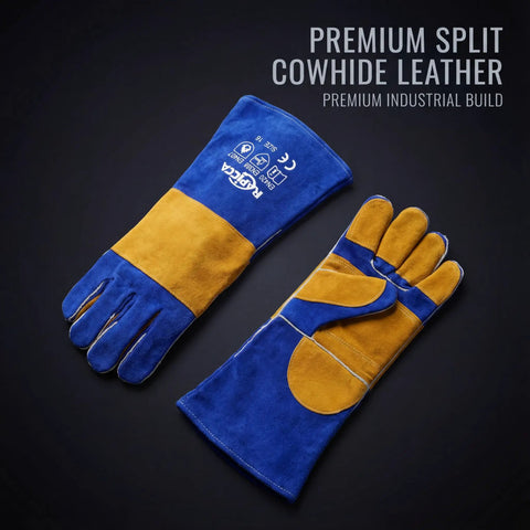 Blue 16 Inch Welding Gloves Fire Resistant Leather With Double Layer Padding For Stick Welders MIG Flux Core Forge Blacksmith