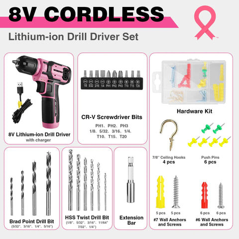 Image of Pink Cordless Drill Set 8V Impact Drill Driver with 53 Piece Bit Kit, battery, screwdriver bits, and hardware accessories.