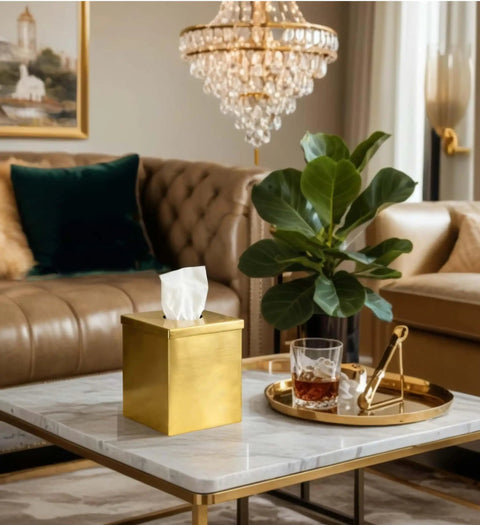 Gold Plated Tissue Box Cover Holder on living room table with plant and decor, Square Luxury Tissue Box Holder For Bathroom Vanity Office Bedroom Living Room, Glam Up Your Space With High End Metal Decor, Elegant Gift For Housewarmings And Modern Homes