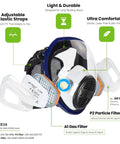G 750 Heavy Duty Full Face Respirator Mask With A1P2 Filters Dual Filtration Anti Gas Anti Dust For Painting Woodworking Construction Sanding Spraying Chemicals DIY Projects, side view with adjustable straps and filter features labeled.