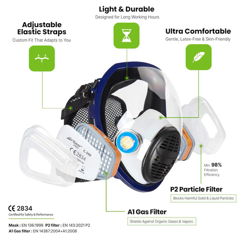 G 750 Heavy Duty Full Face Respirator Mask With A1P2 Filters Dual Filtration Anti Gas Anti Dust For Painting Woodworking Construction Sanding Spraying Chemicals DIY Projects, side view with adjustable straps and filter features labeled.