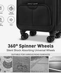 Black 16-inch underseat carry-on luggage, soft-sided with 360° spinner wheels, bottom view