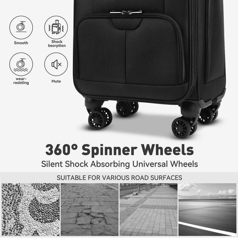 Black 16-inch underseat carry-on luggage, soft-sided with 360° spinner wheels, bottom view