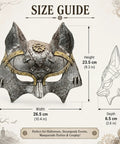 Rad Steampunk Fox Half Mask With Retro Gears And Rivets For Halloween Costume Party size guide showing dimensions in cm and inches.