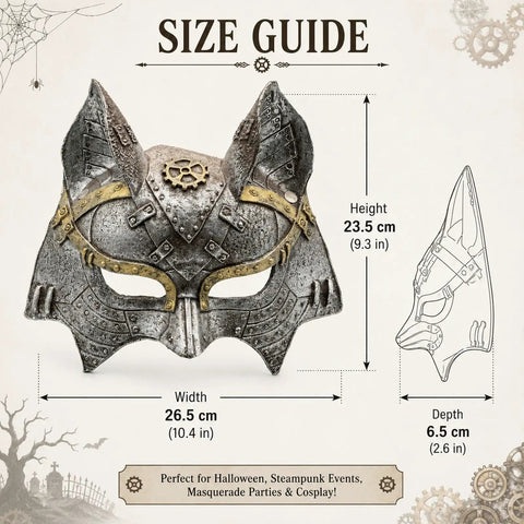 Rad Steampunk Fox Half Mask With Retro Gears And Rivets For Halloween Costume Party size guide showing dimensions in cm and inches.