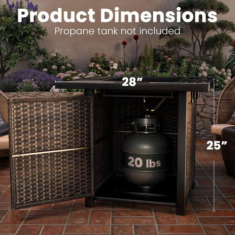 Outdoor Gas Fire Pit Table With 28 Inch Rattan Square Design Glass Wind Guard Tempered Glass Top Lid CSA Listed 50000 BTU Brown For Patio Deck And Garden showing open cabinet with propane tank not included, surrounded by plants