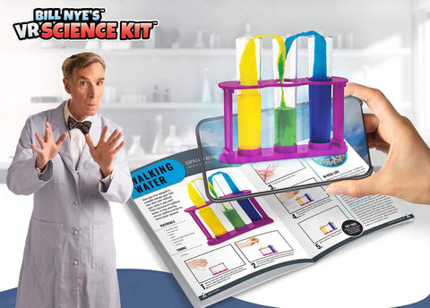Bill Nye VR Science Kit for Kids with goggles, immersive virtual reality learning with open book illustration