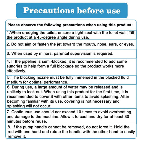 Precautions before use for Real Deal Heavy Duty Air Plunger And Drain Cleaning Kit, highlighting safety instructions.