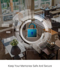 Living room view with digital lock graphic, highlighting the 1080P Mini WiFi Pet Camera with Night Vision and Two Way Audio for home security.