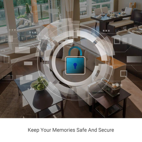 Living room view with digital lock graphic, highlighting the 1080P Mini WiFi Pet Camera with Night Vision and Two Way Audio for home security.