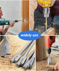 Extra Long 16 Inch Wood Drill Bit Set 12 Piece Spade Paddle Flat Bit Kit With Three Eighths Inch To One Inch Sizes Carbon Steel Pro Grade One Quarter Inch Hex Shank For Hardwood Softwood Plywood Projects being used in various woodworking applications, showing drilling and the drill bits.