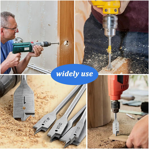 Extra Long 16 Inch Wood Drill Bit Set 12 Piece Spade Paddle Flat Bit Kit With Three Eighths Inch To One Inch Sizes Carbon Steel Pro Grade One Quarter Inch Hex Shank For Hardwood Softwood Plywood Projects being used in various woodworking applications, showing drilling and the drill bits.
