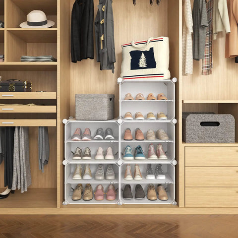 10 Tier Shoe Storage Cabinet with Door, Narrow Portable Organizer Rack for 20 Pairs, white plastic in a closet