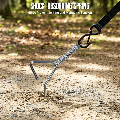 Heavy Duty RV Awning Tie Down Kit With Windproof Design spiral ground stake in gravel with shock absorbing spring and strap