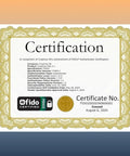 Certification for FIDO2 NFC Security Key For 2FA And Passwordless Login, CardFormat Security Key, featuring gold-bordered design.