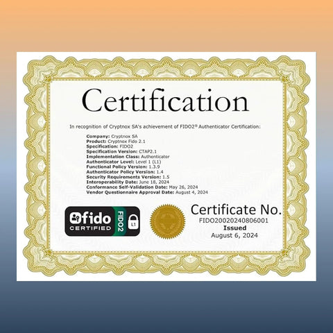 Certification for FIDO2 NFC Security Key For 2FA And Passwordless Login, CardFormat Security Key, featuring gold-bordered design.