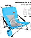 Low Profile Beach Chair 2 Pack For Adults Folding And Portable With Cup Holder And Carry Bag dimensions shown in blue