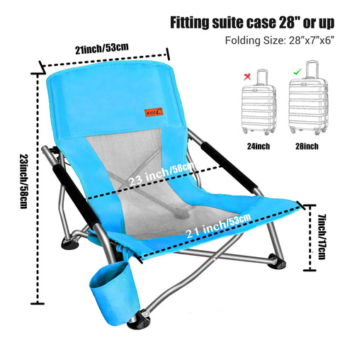 Low Profile Beach Chair 2 Pack For Adults Folding And Portable With Cup Holder And Carry Bag dimensions shown in blue