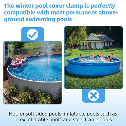 48 Pack 4.7 Inch Rock Solid Pool Cover Clips And Clamps For Above Ground Pools Winter Covers with examples of compatible pools.