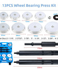 Pro Grade 13 Piece Wheel Bearing Press Kit with race and seal driver set, 8 drive discs, and pneumatic adapter. Sizes labeled.