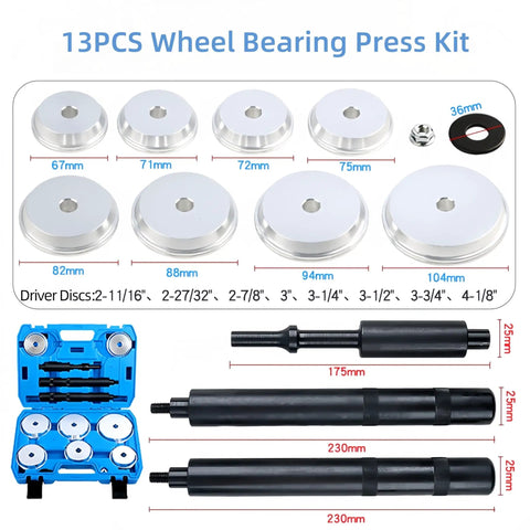 Pro Grade 13 Piece Wheel Bearing Press Kit with race and seal driver set, 8 drive discs, and pneumatic adapter. Sizes labeled.