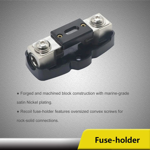 Fuse holder for Beefed Up 4 Gauge Amplifier Wiring Kit with OFC RCA Cables, showing metal construction and screws.