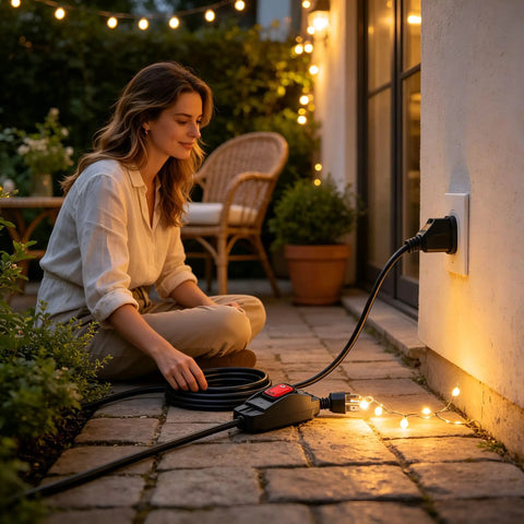 10 Foot Heavy Duty 3 Prong Extension Cord With Built In Toggle Switch And 14 Awg Copper Wire Rated 15 Amps for outdoor lighting use.