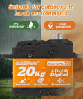 Beefy Waterproof High Torque RC Servo With Metal Gears 20Kg 25T Horn showcased in outdoor rain, orange casing, IP67 waterproof certification.