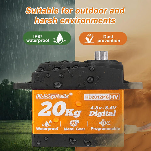 Beefy Waterproof High Torque RC Servo With Metal Gears 20Kg 25T Horn showcased in outdoor rain, orange casing, IP67 waterproof certification.