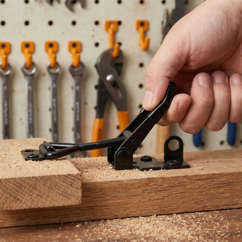 Hand using Beefy Heavy Duty Stainless Steel Toggle Latch Clamp Set on wood, perfect for cabinets and workshop use.