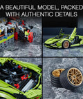 Close-up view of Lamborghini Sian FKP 37 1:8 Scale Tech Model Car Kit For Grownups With 3,696 Pieces, engine, and wheels displayed